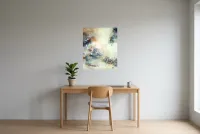 Tableau Abstrait Noir 150 “Crystal”, peinture originale à l'huile par Régine Gardan, 60 × 73 cm, tableau noir accroché dans un bureau