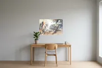 Tableau Abstrait Noir 155 “Distorsion”, peinture originale à l'huile par Régine Gardan, 80 × 55 cm, tableau noir accroché dans un bureau