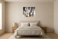Tableau Abstrait Noir 168 “Paradoxe”, peinture originale à l'huile par Régine Gardan, 73 × 60 cm, tableau noir accroché dans une chambre