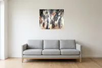 Tableau Abstrait Noir 168 “Paradoxe”, peinture originale à l'huile par Régine Gardan, 73 × 60 cm, tableau noir accroché dans un salon