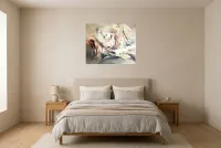Tableau Abstrait Noir 194 “Création”, peinture originale à l'huile par Régine Gardan, 80 × 65 cm, tableau noir accroché dans une chambre