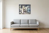 Tableau Abstrait Noir 231 “Émergence”, peinture originale à l'huile par Régine Gardan, 73 × 60 cm, tableau noir accroché dans un salon