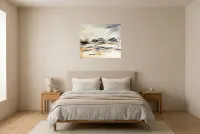 Tableau Abstrait Noir 232 “Pyrénées”, peinture originale à l'huile par Régine Gardan, 73 × 60 cm, tableau noir accroché dans une chambre