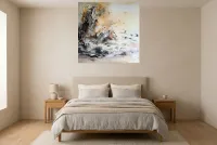 Tableau Abstrait Jaune 240 “Ambition”, peinture originale à l'huile par Régine Gardan, 100 × 100 cm, tableau jaune accroché dans une chambre