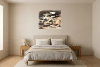 Tableau Abstrait Noir 52 “Ascension”, peinture originale à l'huile par Régine Gardan, 80 × 65 cm, tableau noir accroché dans une chambre