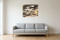 Tableau Abstrait Noir 52 “Ascension”, peinture originale à l'huile par Régine Gardan, 80 × 65 cm, tableau noir accroché dans un salon