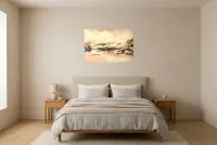 Tableau Abstrait Noir 57 “Hiver Éternel”, peinture originale à l'huile par Régine Gardan, 80 × 55 cm, tableau noir accroché dans une chambre