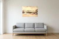 Tableau Abstrait Noir 57 “Hiver Éternel”, peinture originale à l'huile par Régine Gardan, 80 × 55 cm, tableau noir accroché dans un salon