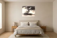 Tableau Abstrait Noir 71 “Ombre Portée”, peinture originale à l'huile par Régine Gardan, 80 × 65 cm, tableau noir accroché dans une chambre