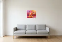 Tableau Abstrait Rose 114 “île Matinale”, peinture originale à l'huile par Régine Gardan, 46 × 38 cm, tableau rose accroché dans un salon