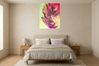 Tableau Abstrait Rose 127 “Éclosion”, peinture originale à l'huile par Régine Gardan, 73 × 91 cm, tableau rose accroché dans une chambre