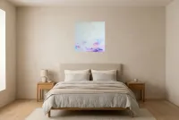 Tableau Abstrait Rose 143 “Mami”, peinture originale à l'huile par Régine Gardan, 60 × 60 cm, tableau rose accroché dans une chambre