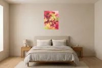 Tableau Abstrait Rose 17 “Lianes Rosâtres”, peinture originale à l'huile par Régine Gardan, 50 × 65 cm, tableau rose accroché dans une chambre
