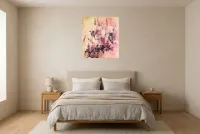 Abstract Schilderij Roze 175 “Résolution”, origineel schilderij in olieverf door Régine Gardan, 65 × 73 cm, roze schilderij opgehangen in een slaapkamer