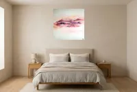 Abstract Schilderij Roze 196 “La Paix”, origineel schilderij in olieverf door Régine Gardan, 80 × 80 cm, roze schilderij opgehangen in een slaapkamer