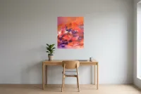 Tableau Abstrait Rose 220 “Chaleur Rosâtre”, peinture originale à l'huile par Régine Gardan, 65 × 80 cm, tableau rose accroché dans un bureau