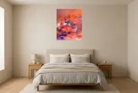 Tableau Abstrait Rose 220 “Chaleur Rosâtre”, peinture originale à l'huile par Régine Gardan, 65 × 80 cm, tableau rose accroché dans une chambre