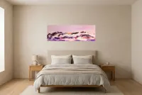 Tableau Abstrait Rose 238 “Tendresse”, peinture originale à l'huile par Régine Gardan, 120 × 40 cm, tableau rose accroché dans une chambre