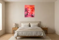 Tableau Abstrait Rose 37 “Nostalgie”, peinture originale à l'huile par Régine Gardan, 60 × 73 cm, tableau rose accroché dans une chambre