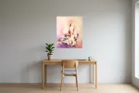 Tableau Abstrait Rose 49 “Feu Blanc”, peinture originale à l'huile par Régine Gardan, 65 × 80 cm, tableau rose accroché dans un bureau