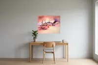 Abstract Schilderij Roze 55 “Illusion Magique”, origineel schilderij in olieverf door Régine Gardan, 80 × 65 cm, roze schilderij opgehangen in een kantoor