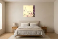 Tableau Abstrait Rose 58 “Prairie Enchantée”, peinture originale à l'huile par Régine Gardan, 70 × 70 cm, tableau rose accroché dans une chambre