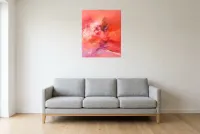Abstract Schilderij Roze 63 “Soulagement”, origineel schilderij in olieverf door Régine Gardan, 60 × 73 cm, roze schilderij opgehangen in een woonkamer