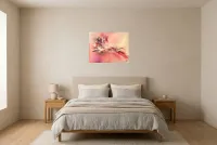 Abstract Schilderij Roze 77 “Vol d’Oiseau”, origineel schilderij in olieverf door Régine Gardan, 65 × 50 cm, roze schilderij opgehangen in een slaapkamer