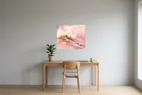 Abstract Schilderij Roze 88 “Ascension”, origineel schilderij in olieverf door Régine Gardan, 70 × 60 cm, roze schilderij opgehangen in een kantoor