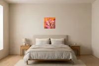 Tableau Abstrait Rouge 103 “Chrysalide”, peinture originale à l'huile par Régine Gardan, 40 × 40 cm, tableau rouge accroché dans une chambre