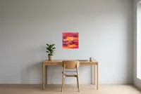 Tableau Abstrait Rouge 104 “Magma”, peinture originale à l'huile par Régine Gardan, 40 × 40 cm, tableau rouge accroché dans un bureau