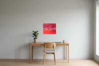 Tableau Abstrait Rouge 105 “Dauphin”, peinture originale à l'huile par Régine Gardan, 46 × 38 cm, tableau rouge accroché dans un bureau