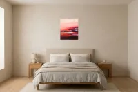 Tableau Abstrait Rouge 107 “Stabilité Irréel, peinture originale à l'huile par Régine Gardan, 46 × 55 cm, tableau rouge accroché dans une chambre