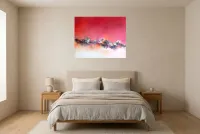 Tableau Abstrait Rouge 118 “Parcours De Vie”, peinture originale à l'huile par Régine Gardan, 91 × 73 cm, tableau rouge accroché dans une chambre