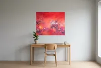 Tableau Abstrait Rouge 119 “Arbre de Vie”, peinture originale à l'huile par Régine Gardan, 100 × 80 cm, tableau rouge accroché dans un bureau