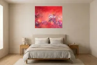 Tableau Abstrait Rouge 119 “Arbre de Vie”, peinture originale à l'huile par Régine Gardan, 100 × 80 cm, tableau rouge accroché dans une chambre
