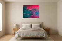 Tableau Abstrait Rouge 126 “Brouillard Pourpre”, peinture originale à l'huile par Régine Gardan, 91 × 73 cm, tableau rouge accroché dans une chambre