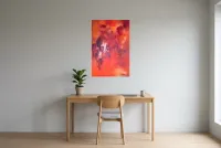 Tableau Abstrait Rouge 133 “île de Pâques”, peinture originale à l'huile par Régine Gardan, 60 × 90 cm, tableau rouge accroché dans un bureau
