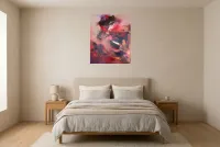 Tableau Abstrait Rouge 144 “Passion”, peinture originale à l'huile par Régine Gardan, 65 × 80 cm, tableau rouge accroché dans une chambre