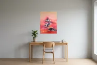Tableau Abstrait Rouge 146 “Arbre d’Espoir”, peinture originale à l'huile par Régine Gardan, 60 × 80 cm, tableau rouge accroché dans un bureau