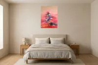 Tableau Abstrait Rouge 146 “Arbre d’Espoir”, peinture originale à l'huile par Régine Gardan, 60 × 80 cm, tableau rouge accroché dans une chambre