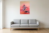 Tableau Abstrait Rouge 146 “Arbre d’Espoir”, peinture originale à l'huile par Régine Gardan, 60 × 80 cm, tableau rouge accroché dans un salon