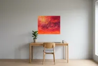 Tableau Abstrait Rouge 147 “Trou Noir”, peinture originale à l'huile par Régine Gardan, 80 × 65 cm, tableau rouge accroché dans un bureau