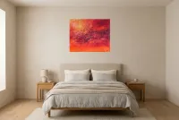Tableau Abstrait Rouge 147 “Trou Noir”, peinture originale à l'huile par Régine Gardan, 80 × 65 cm, tableau rouge accroché dans une chambre