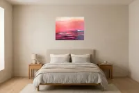 Tableau Abstrait Rouge 154 “Atmosphère”, peinture originale à l'huile par Régine Gardan, 73 × 60 cm, tableau rouge accroché dans une chambre