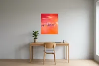Tableau Abstrait Rouge 160 “Vent Ardent”, peinture originale à l'huile par Régine Gardan, 60 × 73 cm, tableau rouge accroché dans un bureau