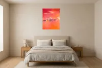 Tableau Abstrait Rouge 160 “Vent Ardent”, peinture originale à l'huile par Régine Gardan, 60 × 73 cm, tableau rouge accroché dans une chambre