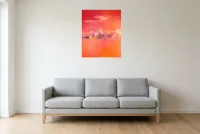 Tableau Abstrait Rouge 160 “Vent Ardent”, peinture originale à l'huile par Régine Gardan, 60 × 73 cm, tableau rouge accroché dans un salon