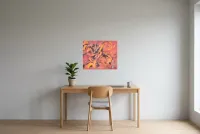 Tableau Abstrait Rouge 174 “Encre de Feu”, peinture originale à l'huile par Régine Gardan, 60 × 50 cm, tableau rouge accroché dans un bureau