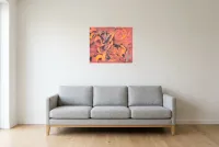 Tableau Abstrait Rouge 174 “Encre de Feu”, peinture originale à l'huile par Régine Gardan, 60 × 50 cm, tableau rouge accroché dans un salon